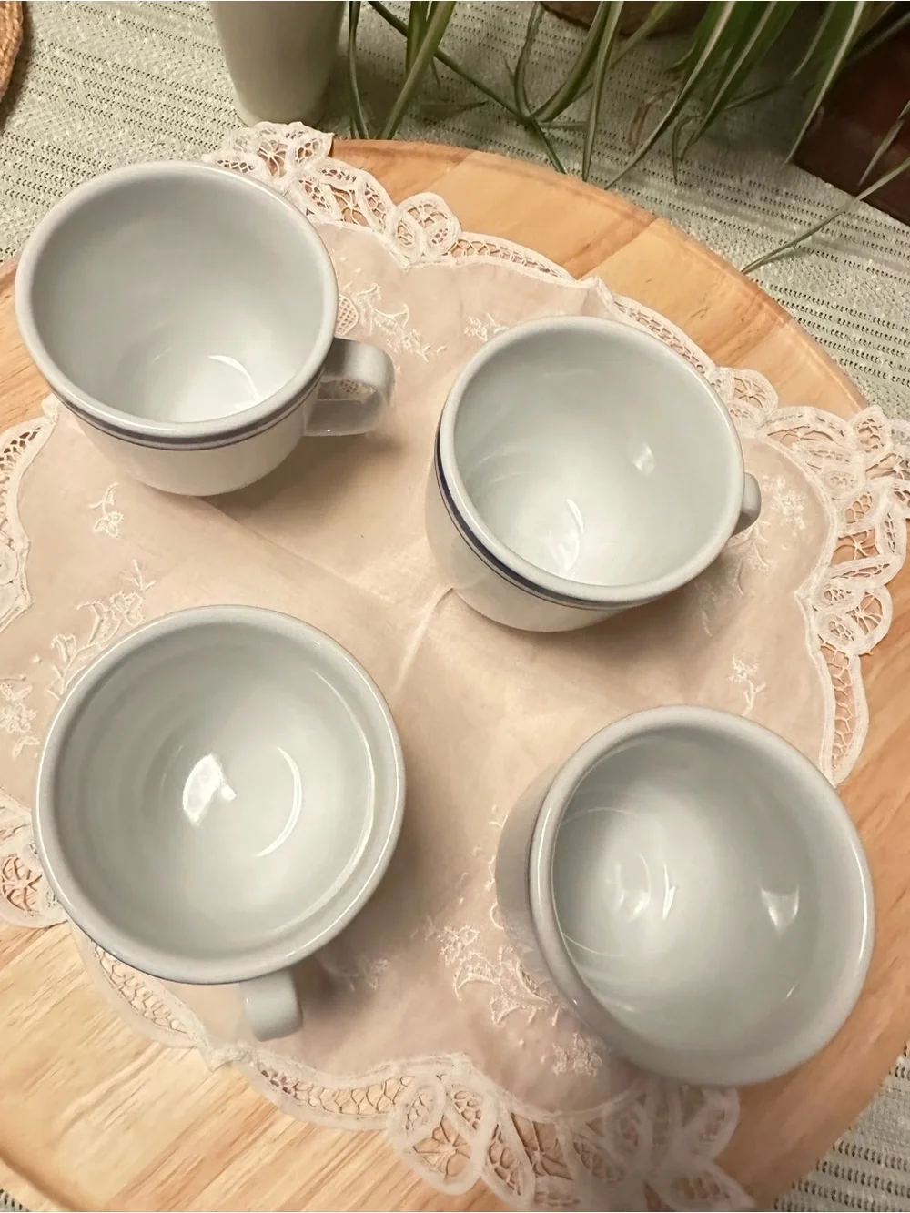 Vintage Pottery Barn Club Blue Coffee Mugs Set of 4 Double Stripe